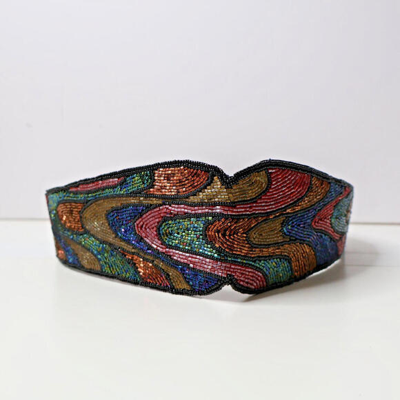 L Regal Beaded Cummerbund Belt M Womens Vtg 80s‎ Hook & Loop Rainbow Goth Fairy - Picture 3 of 7